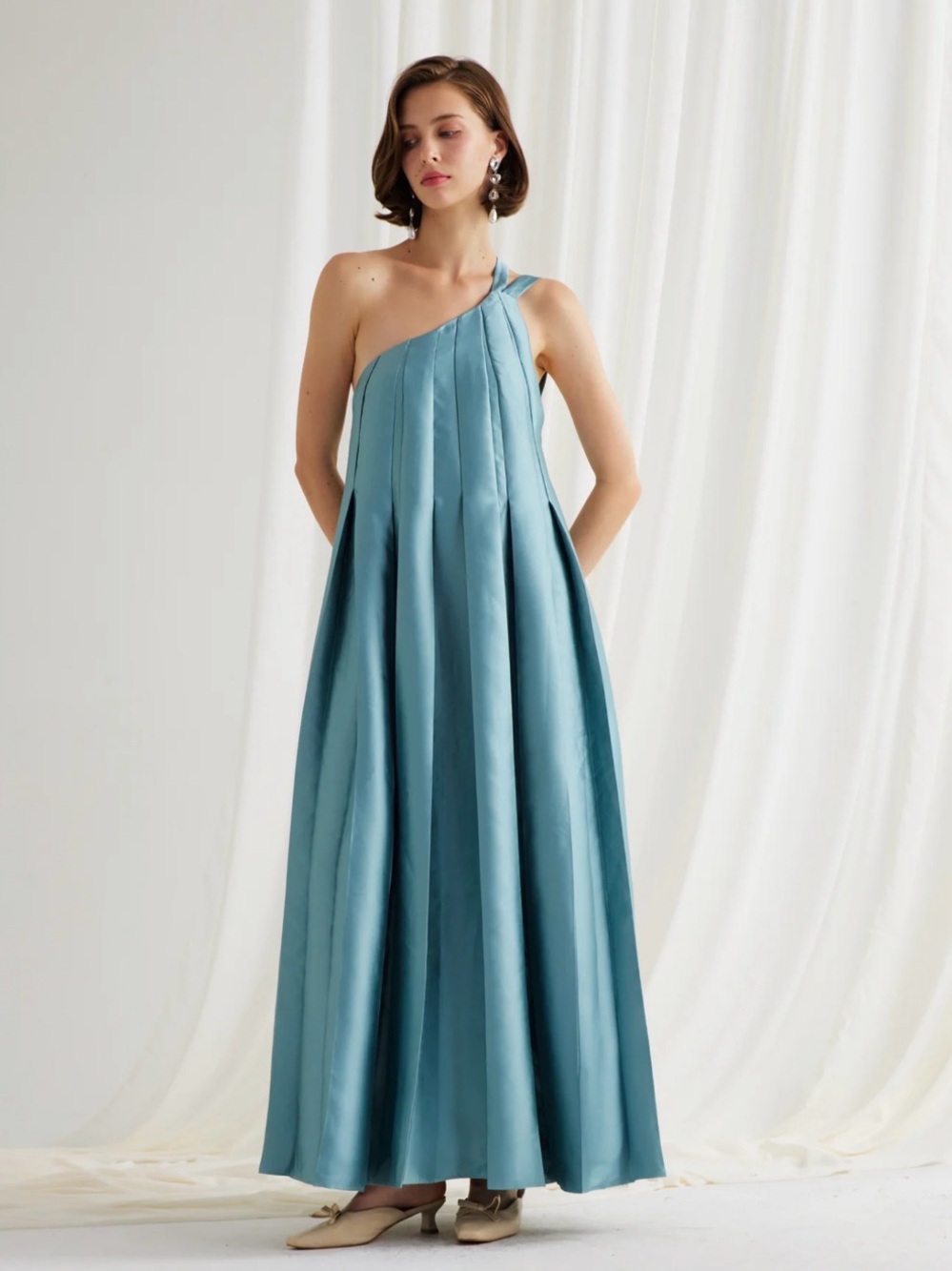 NWT Maison Armory One-Shoulder Maxi Dress, “On A Stroll” Gown in Dusty Blue - Picture 4 of 7